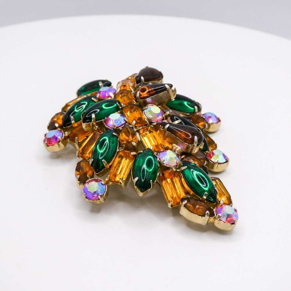 Vintage Rhinestone Leaf Extra Large 3.3" Gold & Green Statement Brooch Pin - Picture 7 of 12